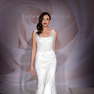 Suzanne Neville Entwined Wedding Dress Sample Sale - Fit & flare strapless dress with lace netting over shoulders, Illusion v-neckline and floral detail.