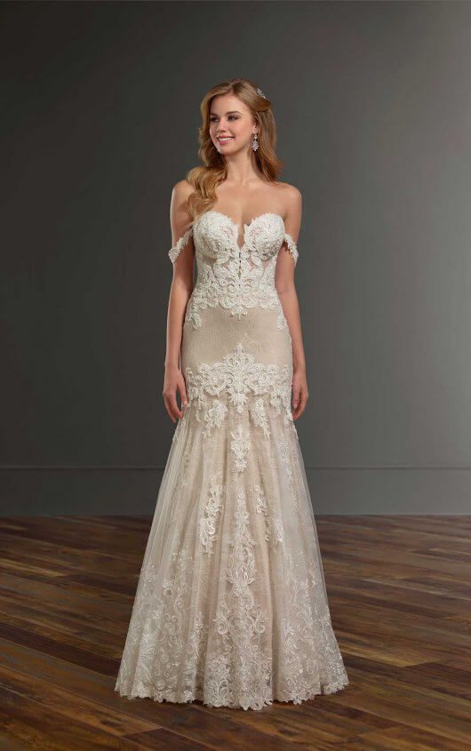 Martina Liana 1012 Wedding Dress - Fit and flare style dress with off the shoulder skinny straps, plunging sweetheart neckline, and floral lace fabric.