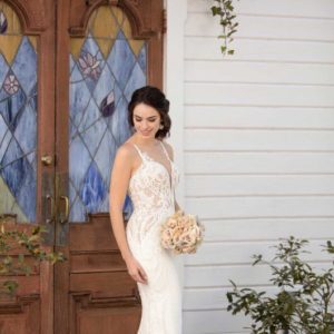 Martina Liana 1013 Wedding Dress Sample Sale - Sheath style dress with a sheer illusion bodice, plunging V-neckline, lace straps and low open back.