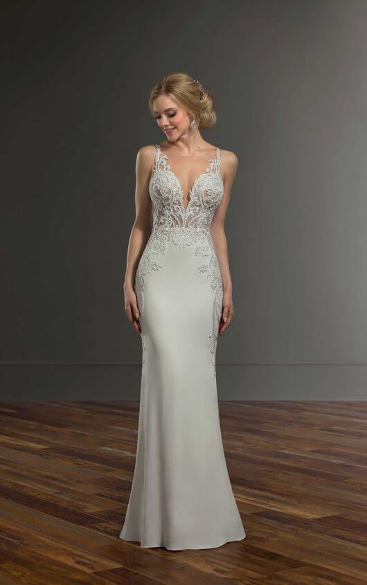 Martina Liana 1013 Wedding Dress - Sheath style dress featuring a sheer illusion bodice, plunging V-neckline, lace straps and low open back with train.