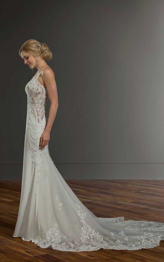 Martina Liana 1013 Wedding Dress - Sheath style dress featuring a sheer illusion bodice, plunging V-neckline, lace straps and low open back with train.