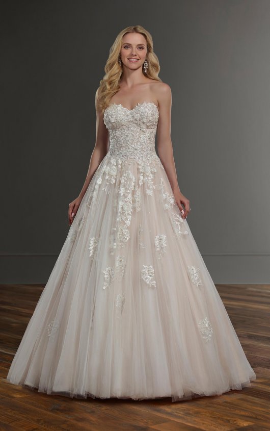 Martina Liana 1048 Wedding Dress - A Line with 3D flowers and layers of tulle, a sweetheart neckline and fitted sheer bodice with draped waist.