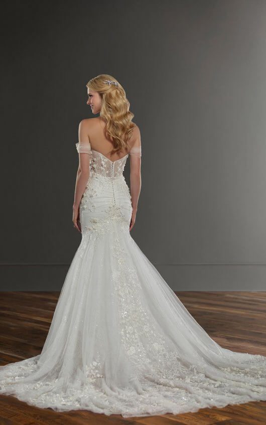 Martina Liana 1057 wedding dress - Fit and flare style dress with floral details, a sculpted sweetheart bust with tulle off-the-shoulder straps and low back