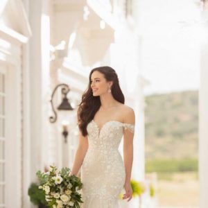 Martina Liana 1057 wedding dress Sample Sale - Fit and flare style dress with floral details, sculpted sweetheart, off-the-shoulder straps and low back.