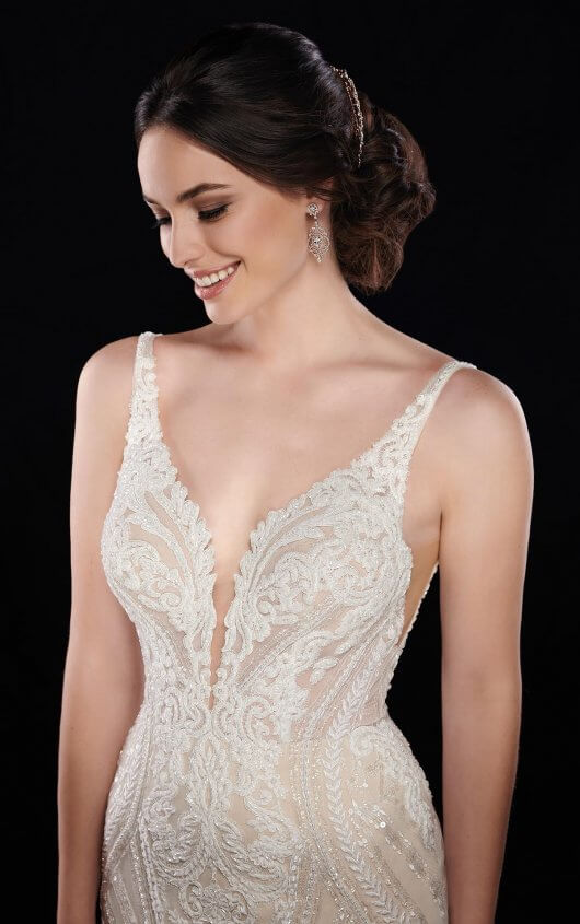 Martina Liana 1066 Wedding Dress - Fit to flare with deep plunging V-neckline and v-back. Bugle beads, pearls and romantic lace motifs embroidered.
