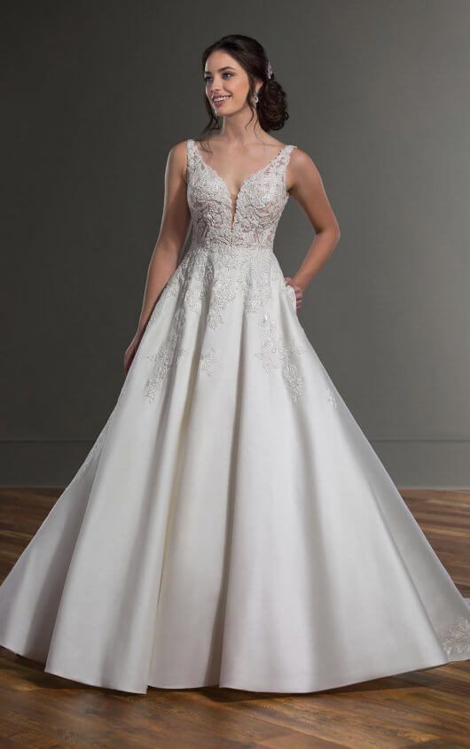 Martina Liana 1075 Wedding Dress - Ballgown with beaded sheer bodice, deep v-neckline, elegant straps, V-back and 3d appliqués.