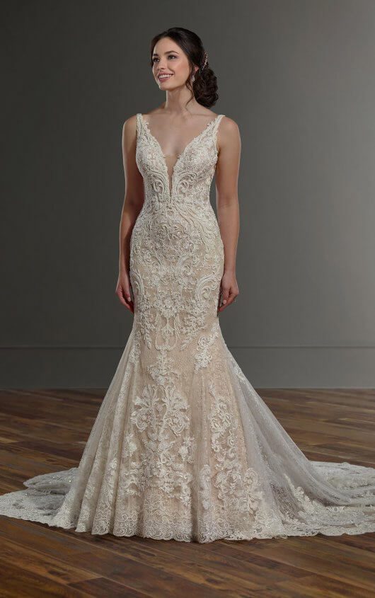 Martina Liana 1078 Wedding Dress - Fit and flare plunging V-neckline dress with narrow cutouts on bodice, beaded, ruched back and dramatic train.