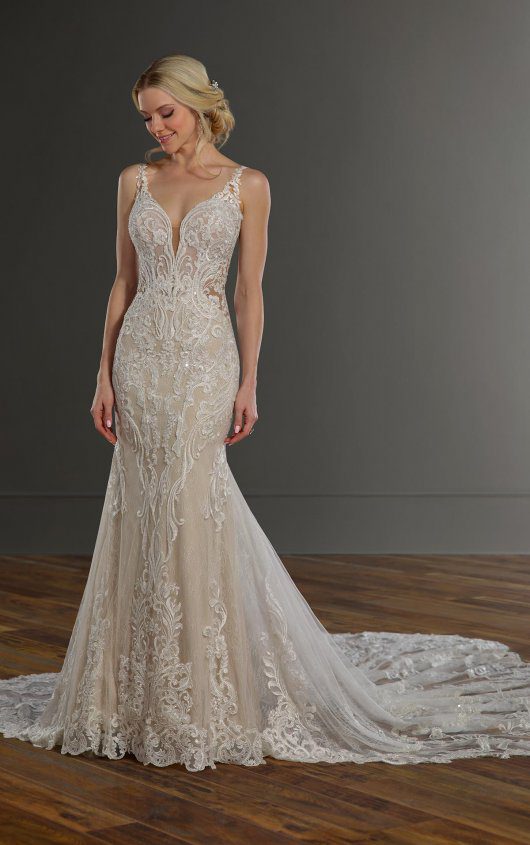 Martina Liana 1111 Wedding Dress - Fit and flare sexy illusion lace style dress with thin straps, deep V- neckline, open back and scalloped train.