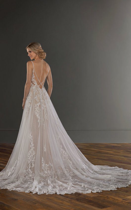 Martina Liana 1137 Wedding Dress - Modified A Line style dress with gorgeous beaded details, floral lace, criss cross open back and open sides on bodice