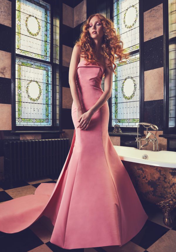 Sareh Nouri Peony Wedding Dress - Fit and flare silk faille dress with a straight strapless neckline, fitted bodice, cathedral train and detachable bow.