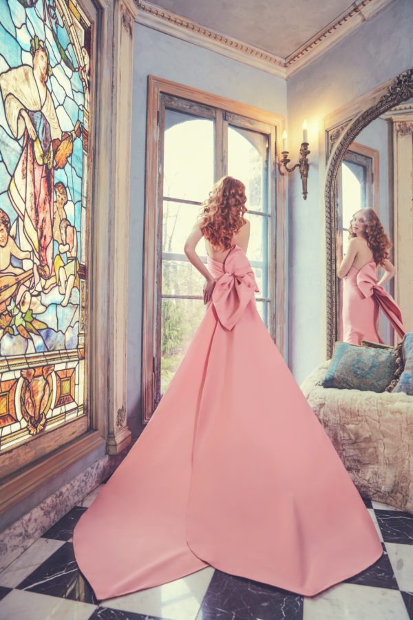 Sareh Nouri Peony Wedding Dress - Fit and flare silk faille dress with a straight strapless neckline, fitted bodice, cathedral train and detachable bow.