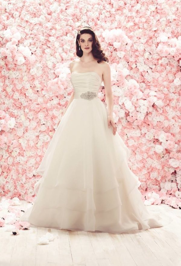 Paloma Blanca 1865 Wedding Dress - Ballgown style dress with strapless ruched taffeta bodice with full layered organza skirt and belt detail.