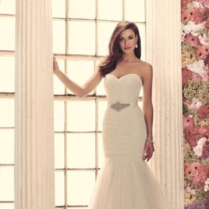 Paloma Blanca 1907 Wedding Dress - Mermaid style with strapless lace sweetheart bodice with tulle overlay in fit and flare silhouette with belt detail.