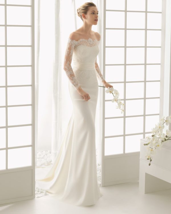 Rosa Clara Couture Dado Wedding Dress Sample Sale - Elegant Fit to flare, bateau off the shoulder, crepe, beaded dress with a beautiful lace bodice and long sleeves.