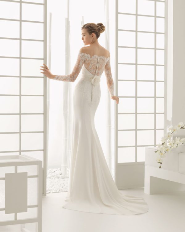 Rosa Clara Couture Dado Wedding Dress Sample Sale - Elegant Fit to flare, bateau off the shoulder, crepe, beaded dress with a beautiful lace bodice and long sleeves.
