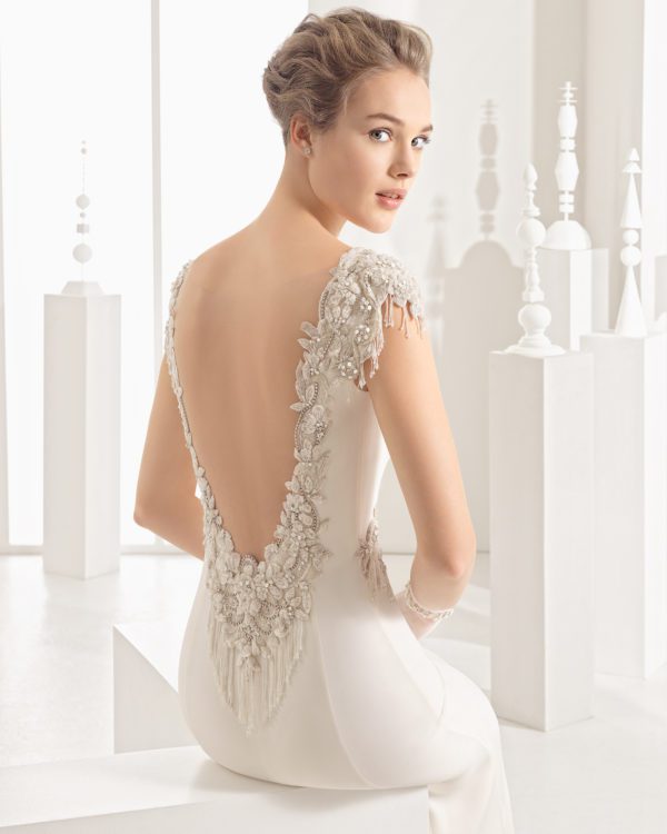 Rosa Clara Couture Naipe Wedding Dress Sample Sale - Crepe column dress with boat neckline, jeweled back and beaded appliqués on hips.