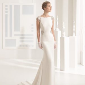 Rosa Clara Couture Naipe Wedding Dress Sample Sale - Crepe column dress with boat neckline, jeweled back and beaded appliqués on hips.