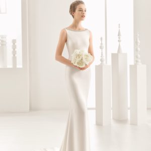 Rosa Clara Couture Naisha Wedding Dress Sample Sale - Fit & flare crepe column dress with jewelled necklace open back and frosted beading.