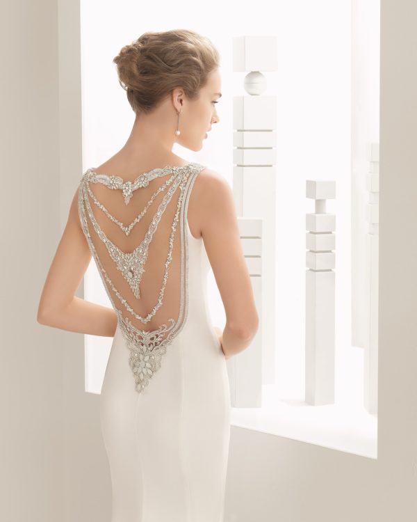Rosa Clara Couture Naisha Wedding Dress Sample Sale - Fit & flare crepe column dress with jewelled necklace open back and frosted beading.