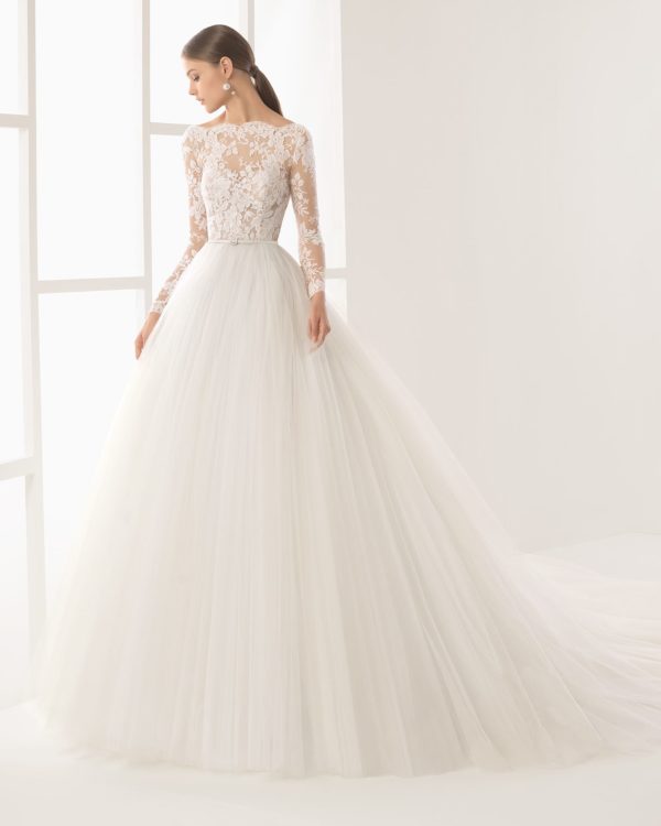 Rosa Clara Couture Niher Wedding Dress - Princess-style long-sleeved dress with transparent lace bodice, bateau neckline and full tulle skirt.