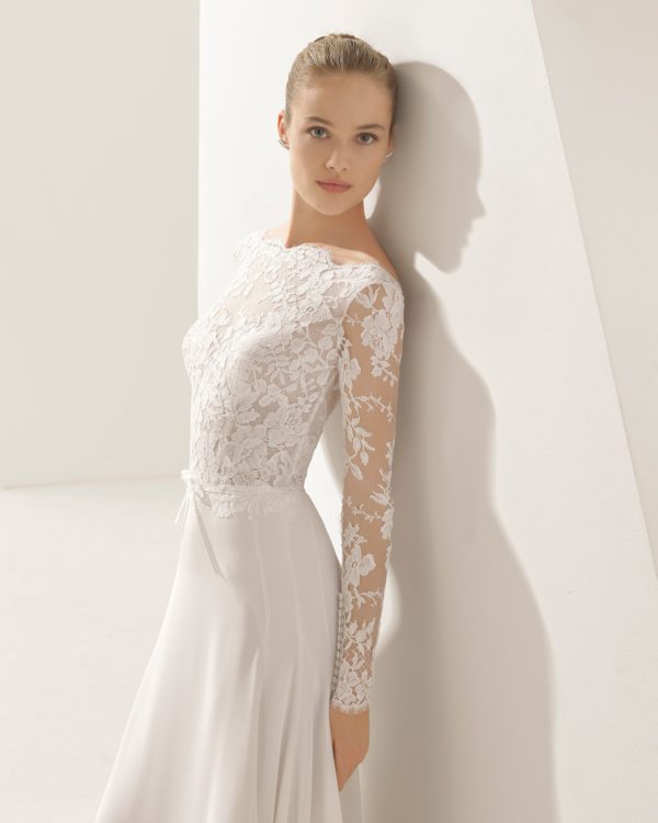 Rosa Clara Couture Pascal Wedding Dress Sample Sale - Ballgown-style in crepe with long-sleeves, sheer insert in bodice for simple elegance and semi-open V-back