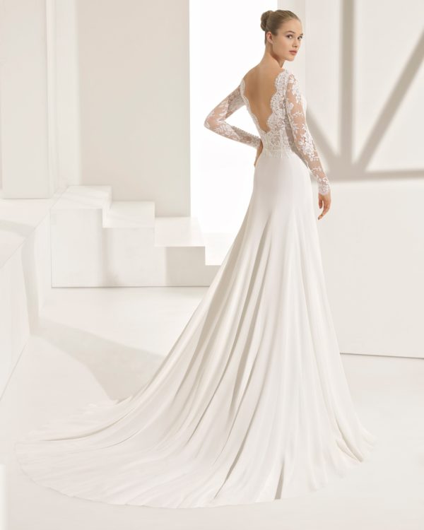 Rosa Clara Couture Pascal Wedding Dress Sample Sale - Ballgown-style in crepe with long-sleeves, sheer insert in bodice for simple elegance and semi-open V-back