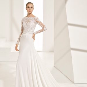Rosa Clara Couture Pascal Wedding Dress - Ballgown-style in crepe with long-sleeves, sheer insert in bodice for simple elegance and semi-open V-back