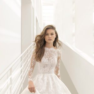 Rosa Clara Couture Pastora Wedding Dress - Ballgown dress featuring lace bodice, long sleeves and sheer inserts scalloped lace trimmed V-back.