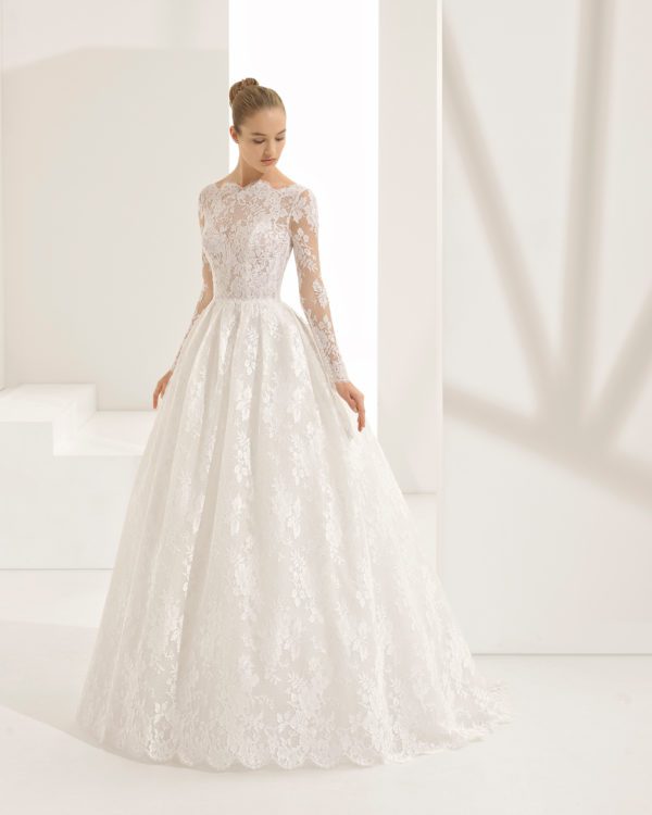 Rosa Clara Couture Pastora Wedding Dress Sample Sale - Ballgown dress featuring lace bodice, long sleeves and sheer inserts scalloped lace trimmed V-back.