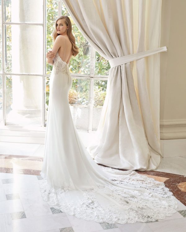 Rosa Clara Couture Maiz Wedding Dress Sample Sale - Georgette crepe sheath dress features a spectacular deep-plunge neckline and spaghetti shoulder straps.