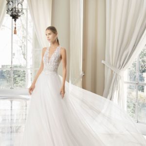 Rosa Clara Couture Malaya Wedding Dress Sample Sale - A Line with embroidered tulle bodice, sheer inserts, alluring deep-plunge neckline, wide shoulder straps and straight skirt. 