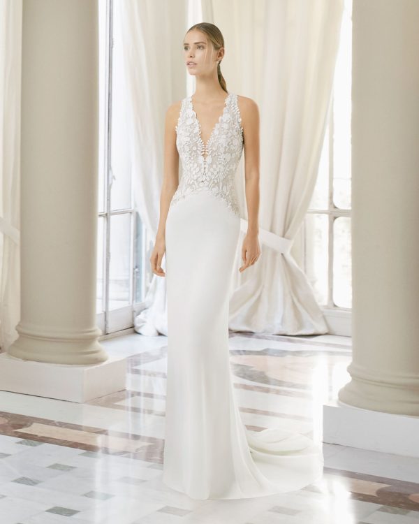 Rosa Clara Couture Malaya Wedding Dress Sample Sale - A Line with embroidered tulle bodice, sheer inserts, deep-plunge neckline, shoulder straps and straight skirt. 
