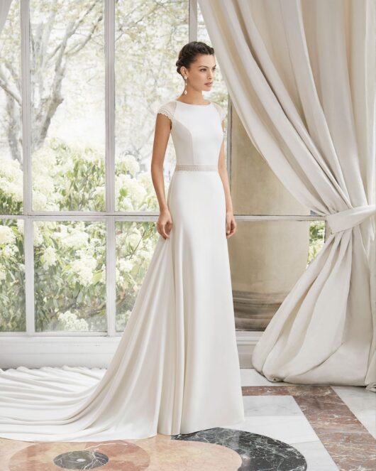 Rosa Clara Couture Minia Wedding Dress Sample Sale - Elegant sheath-style dress with Cap sleeves, beautiful Illusion lace back and Belt Detail.