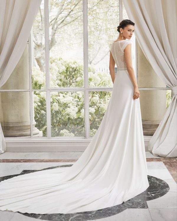 Rosa Clara Couture Minia Wedding Dress Sample Sale - Elegant sheath-style dress with Cap sleeves, beautiful Illusion lace back and Belt Detail.