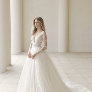 Rosa Clara Couture Pergola Wedding Dress - A line pleated tulle dress featuring a beaded embroidered lace bodice, long sleeves, and a deep V-neckline.