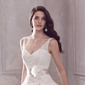 Paloma Blanca 4400 Wedding Dress - A Line style dress with lace bodice, V-neckline, dropped waist, double box pleated full skirt and belt detail. Re-embroidered Lace/Silk Dupioni