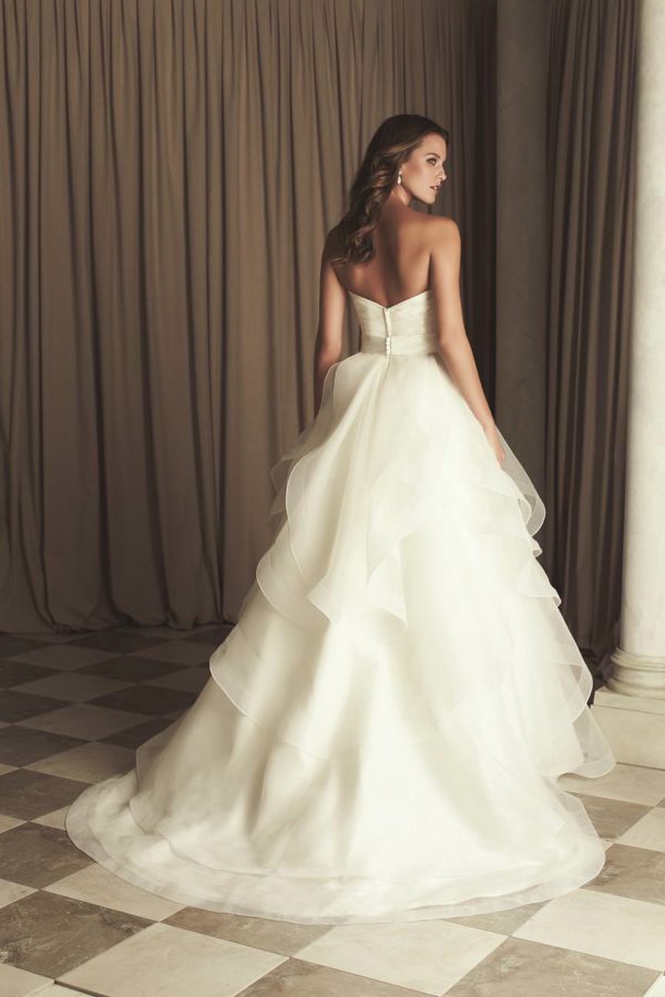 Paloma Blanca 4465 Wedding Dress Sample Sale - Ballgown style dress with strapless cross-over pleated taffeta bodice, removable Italian Taffeta belt and ruffle skirt.