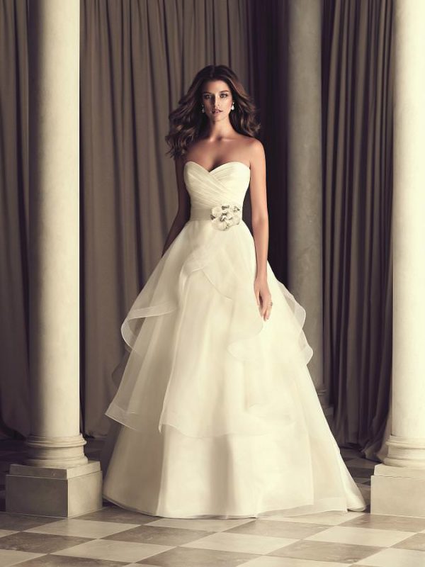 Paloma Blanca 4465 Wedding Dress Sample Sale - Ballgown style dress with strapless cross-over pleated taffeta bodice, removable Italian Taffeta belt and ruffle skirt.