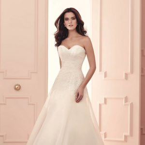 Paloma Blanca 4502 Wedding Dress - A Line style dress with strapless sweetheart neckline, beaded lace bodice and chapel Train.