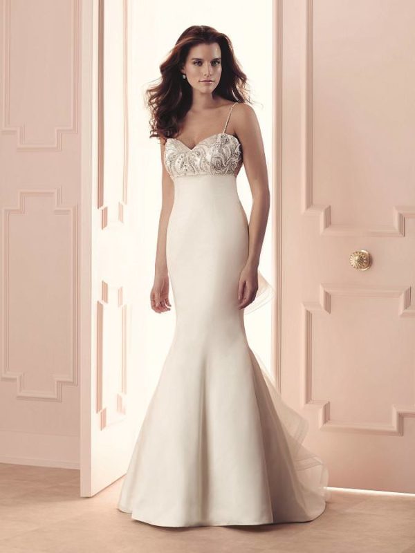 Paloma Blanca 4509 Wedding Dress - Fit and flare silhouette with beaded spaghetti strap, sweetheart neckline, and empire bodice with all over beading.