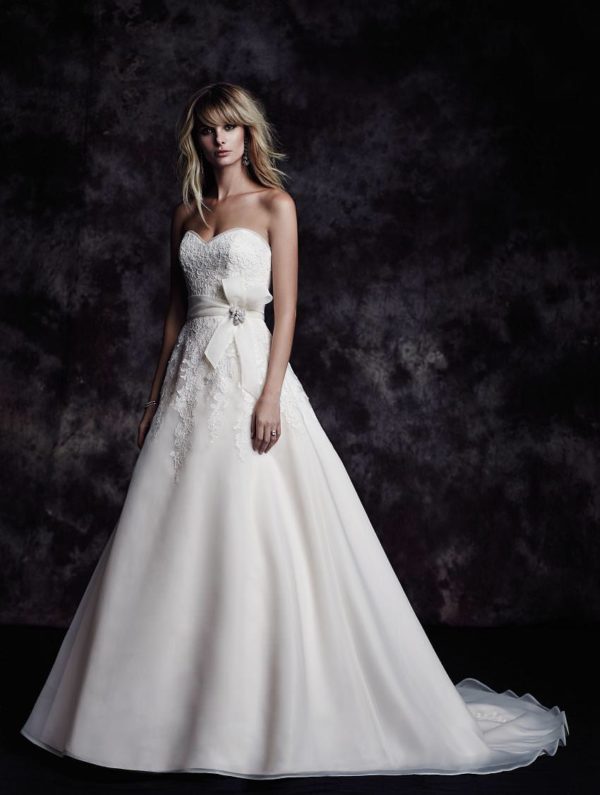 Paloma Blanca 4607 Wedding Dress Sample Sale - A-line organza skirt with strapless sweetheart neckline bodice, organza belt with brooch detail and train.