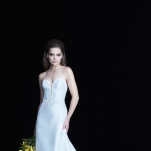 Paloma Blanca 4765 Wedding Dress - Fit and flare guipure Lace and satin Twill with a deep plunging sweetheart neckline, lace on back and belt detail.
