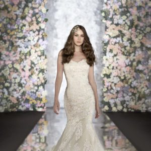 Martina Liana 500 Wedding Dress Sample Sale - Fit and flare style dress in lace with a scalloped hem and sweetheart neckline. Allover beaded details.