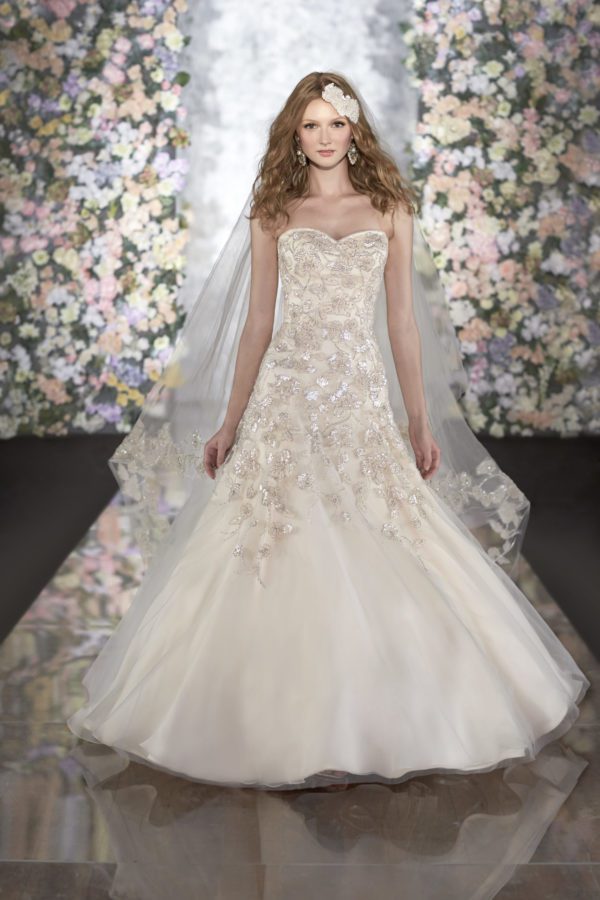 Martina Liana 510 Wedding Dress Sample Sale - Fit and flare with sweetheart neckline, whimsical tulle skirt, diamante jewels and sequins bodice with skirt.
