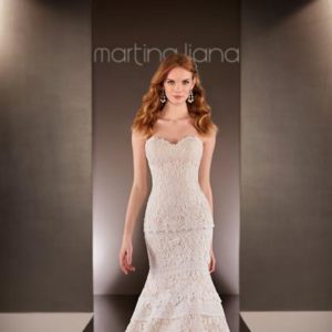Martina Liana 581 Wedding Dress Sample Sale- Fit and flare style with sweetheart neckline featuring European lace detailing over whispery royal organza.