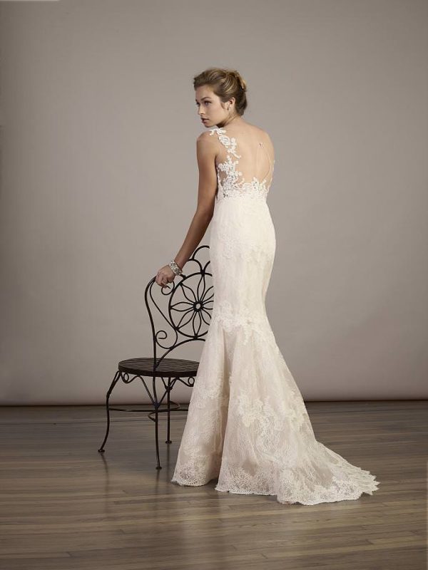 Liancarlo 5881 Wedding Dress Sample Sale - French Alencon lace on Chantilly mermaid style dress with sweetheart neckline, cap sleeves and illusion neckline.