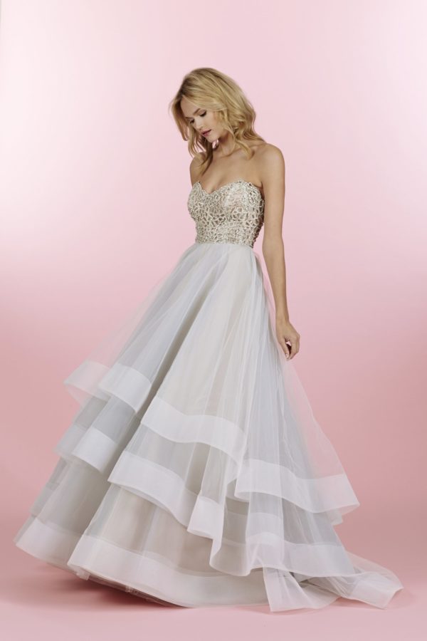 Hayley Paige Josie 6453 Wedding Dress Sample Sale - Ballgown tulle dress with a stunning crystal sweetheart strapless bodice and tiered tulle skirt.