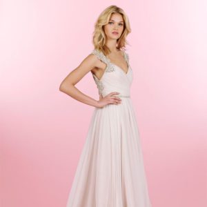 Hayley Paige Houston 6456 Wedding Dress Sample Sale - A line dress with a beautiful beaded keyhole open back, V neckline, fitted draped bodice and belt detail.