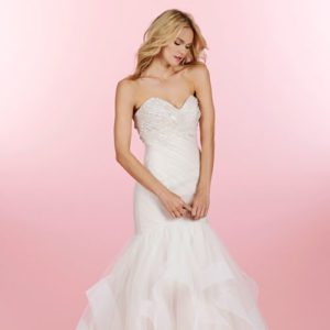Hayley Paige Aurora 6460 Wedding Dress Sample Sale - Fit and flare dress with crystal encrusted bodice, draped sweetheart neckline, and chapel train.