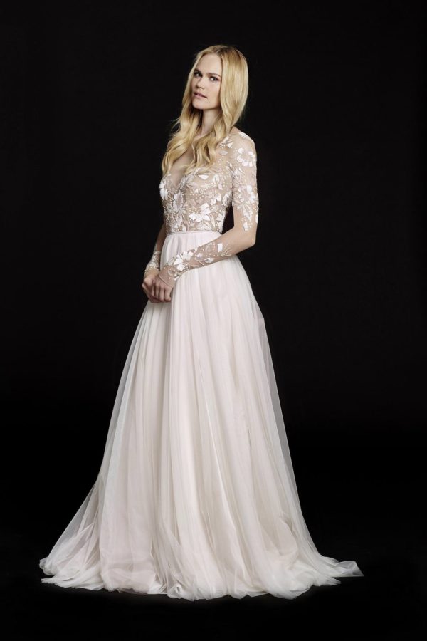 Hayley Paige Remmington 6553 Wedding Dress Sample Sale - Long sleeve A-line dress with illusion floral beaded bodice, bateau neckline, open back, and English net.